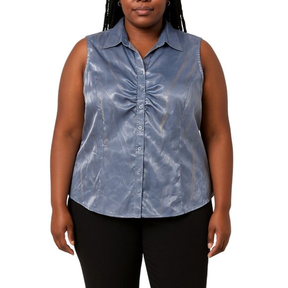 Blue Diamond Plus Size 18W Womens Shiny Blue Sleeveless Button-Up Blouse - Picture 1 of 8